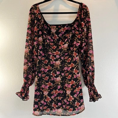 Forever 21 Mini Dress Large Black Floral Babydoll Dark Cottagecore Fairy Grunge - Image 1 of 4