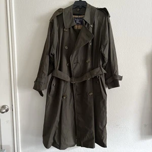 Vtg BURBERRYS Trench Coat Liner Mens 34S Nova Check Double Breasted Belted Olive - Picture 1 of 22