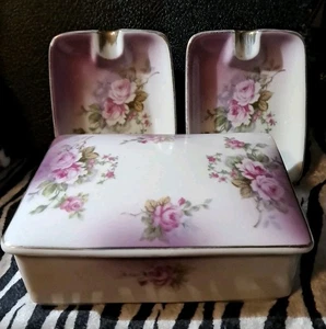 Vintage Lefton Heavenly Rose Zigarettendose mit 2 passenden Aschenbechern handbemalt  - Bild 1 von 24