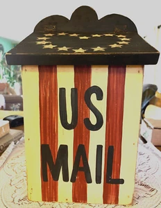 Vintage Folk Art Primitive American Flag Wooden Mailbox Patriotic Stars 15”x9” - Picture 1 of 5