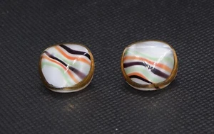 Set of 2 Glass Vintage Buttons Square Stripe Gold Green Orange Black White Shank - Picture 1 of 13