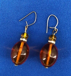 Vintage Dangle Amber Colored Plastic Beaded Pierced Earrings Rhinestone Accents - Picture 1 of 2