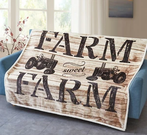 FARM SWEET FARM TRACTOR SHERPA 50x60 THROW : SOFT FLANNEL COUNTRY BROWN BLANKET - Picture 1 of 2