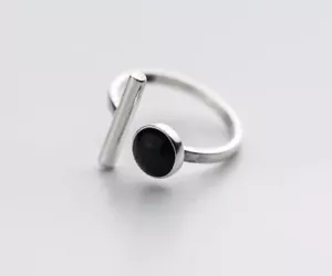Schwarzer Onyx Ring, Onyx Bold Ring, 925 Sterling Silber Ring, Edelsteinring, rund - Bild 1 von 3