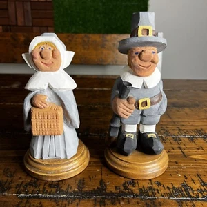 Vintage Hand Carved Wood Figures Polychrome Pilgrims Folk Art Husband/Wife - Picture 1 of 8