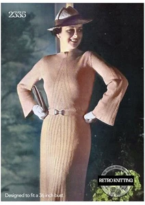 1930's Stylish Bell Sleeve Dress Knitting Pattern Bust 36 - Picture 1 of 2