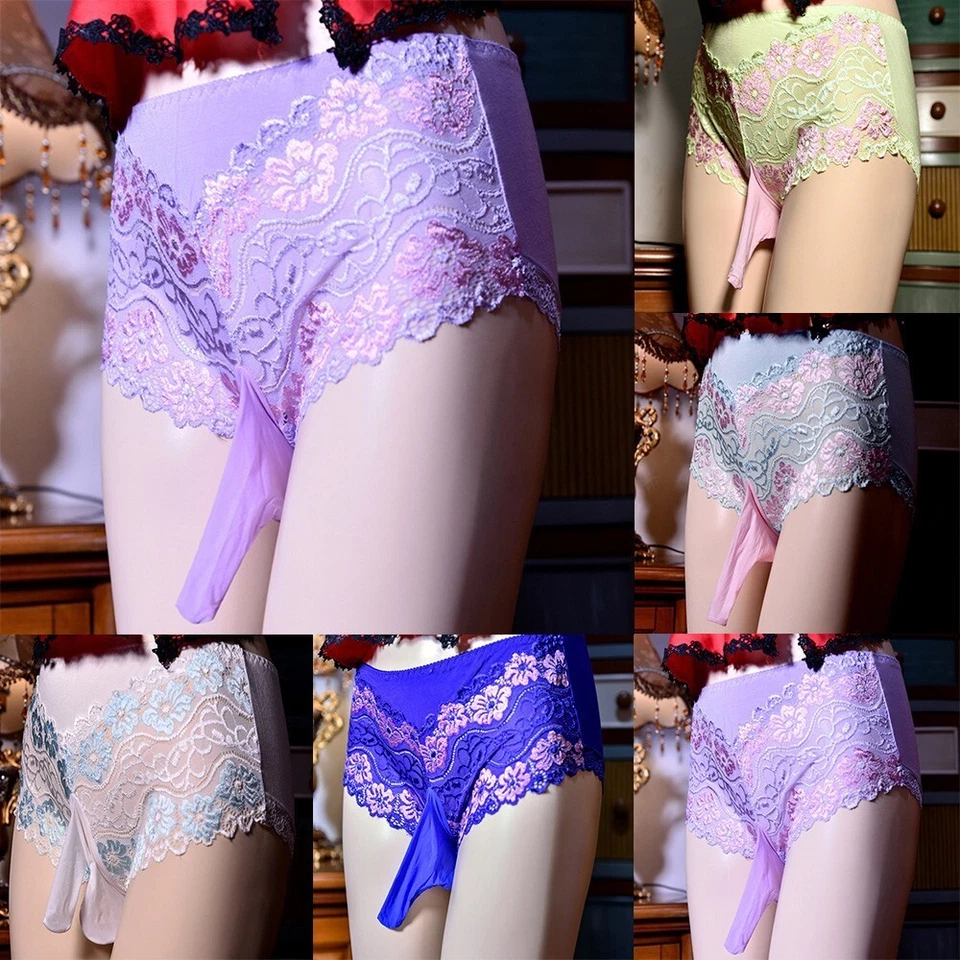 Mens Sexy-Lingerie Sissy Pouch Open/ Close Sheath Panties Lace Briefs-Underwear - Image 1 of 4