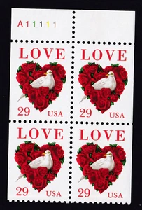 Scott #2814 Love (Dove, Roses, Heart) BOOKLET Plate Block of 4 Stamps - MNH - Picture 1 of 1