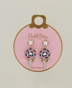 New Packed Party Earrings - Lollipop with Heart - Bling & Faux Pearls - Picture 1 of 5