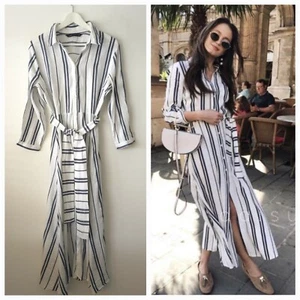 Zara White Blue Linen Shirt Tunic Midi Dress Size With Belt M Medium 10 12 - Picture 1 of 4