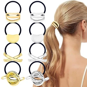 8PCS Metal Geometric Elastic Hair Ties, Geometric Elastic Ponytail Hair Cuff - Picture 1 of 7