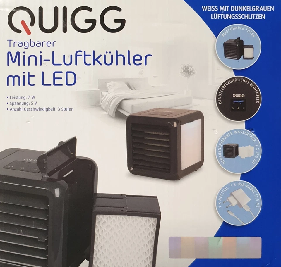 QUIGG Tragbarer Mini Luftkühler mit LED 7W 2 x350ml Wassertank - SCHWARZ - Bild 1 von 1