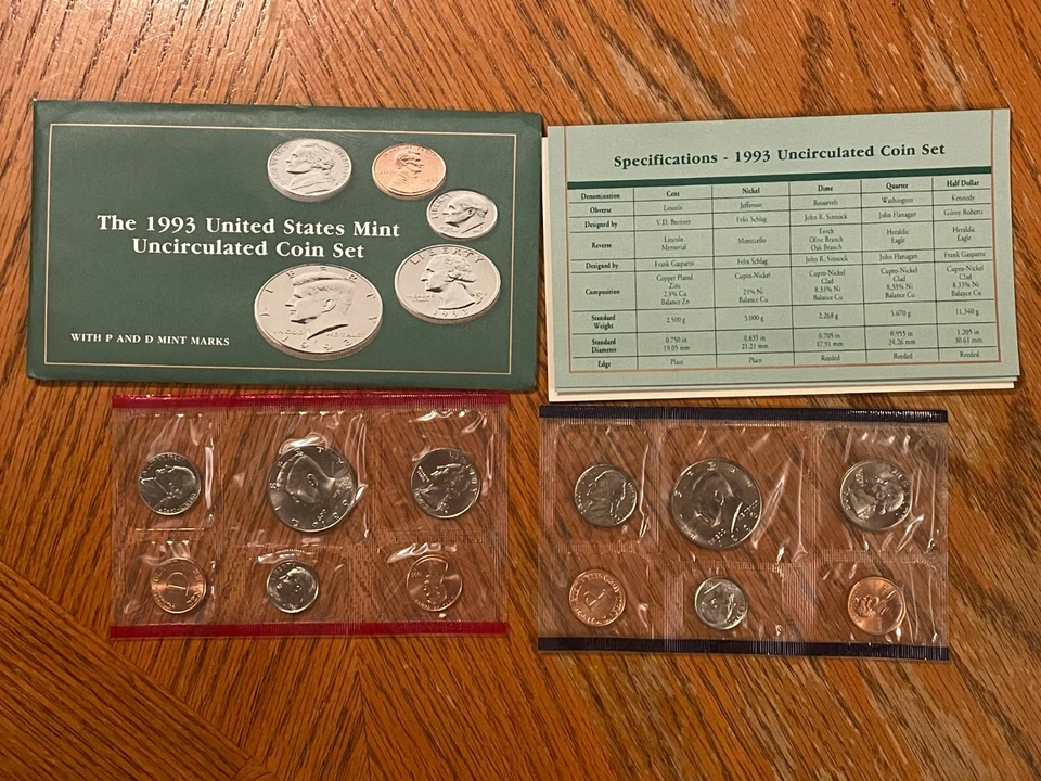 1993 P & D US Mint Uncirculated Set 10 Coins OGP Original Envelope BU - LOT OF 4 - Image 1 of 1