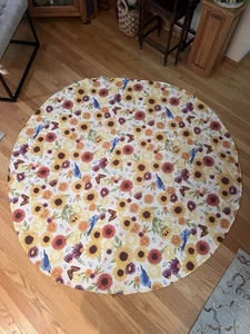 Vintage MCM Floral Tablecloth 67.5” Round Linen/Cotton - Birds Garden Butterfly - Picture 1 of 6