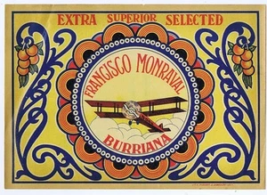 early airplane bi-plane aviation original Spanish Orange Crate label Burriana - Picture 1 of 1