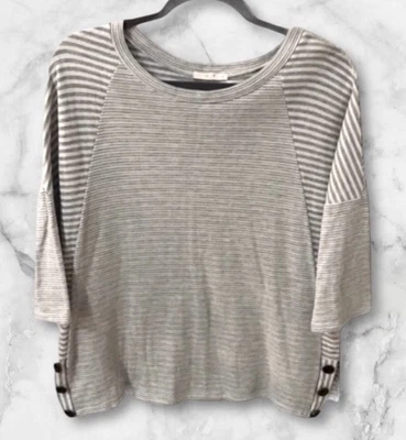 Le Lis Gray Striped 3/4 Sleeve Sweater Bamboo Blend Button Accent Size Large - Image 1 of 4