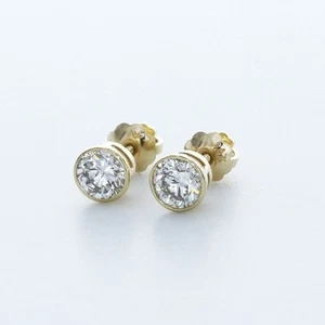 1.5 CT Lab-Created Diamonds D/VVS1 Round Cut 14K Yellow Gold Bezel Classic Studs - Picture 1 of 3