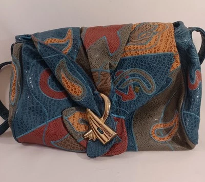 NAS Alentino Shoulder Bag Purse Teal Multicolor Quilt Patch Hobo BOHO Pleather - Image 1 of 4