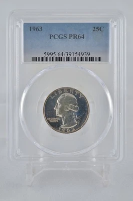 PR64 1963 PCGS GRADED SILVER WASHINGTON QUARTER PROOF  UNCIRCULATED COIN - Image 1 of 4