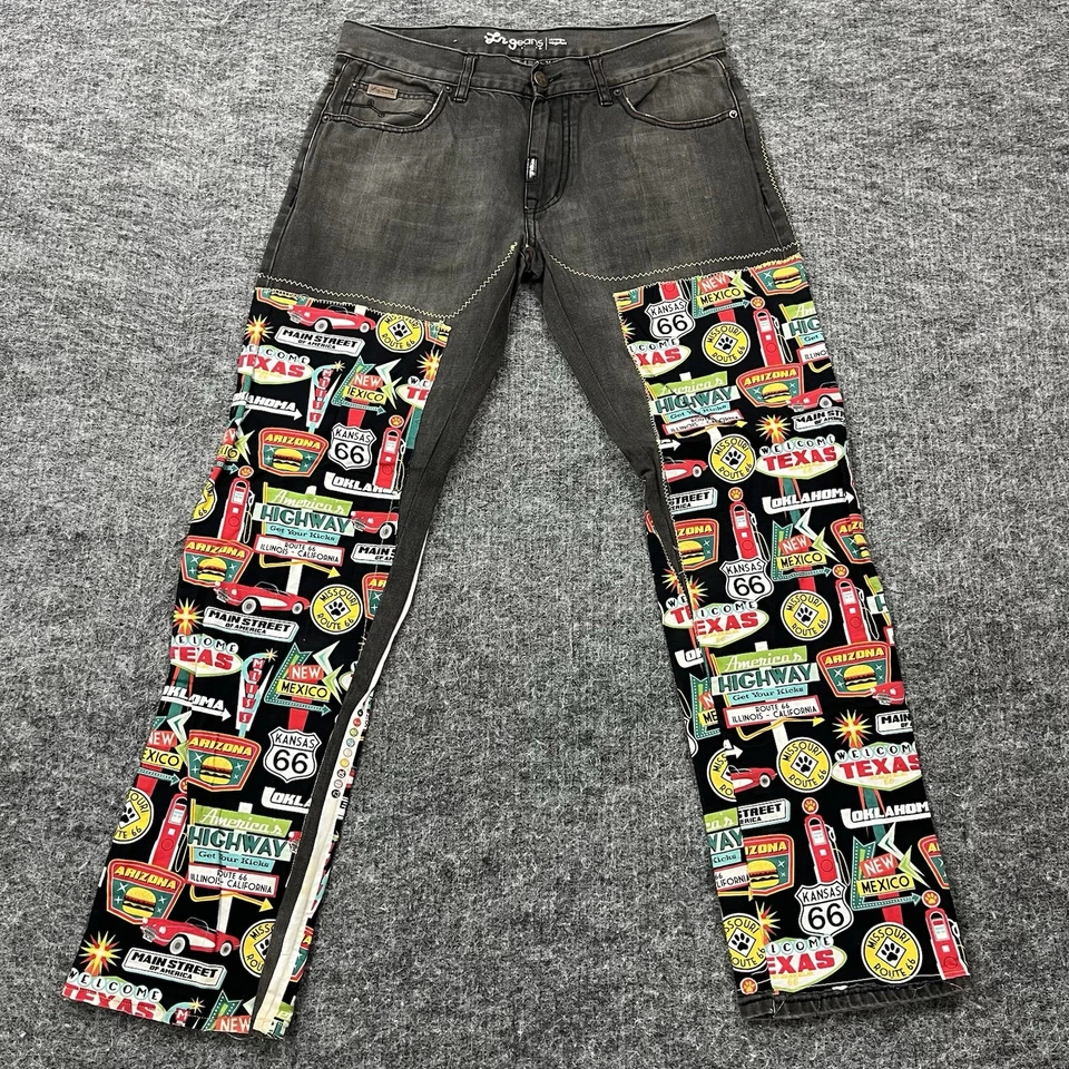 Pantalones de mezclilla LRG para hombre 34 grises levantados grupo de investigación parche para piernas gráficos coches Foto 1 de 4