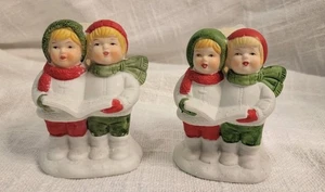 Pair Caroling Children Candle Holders Christmas Holiday Decor Hand Painted 3.5" - Picture 1 of 7