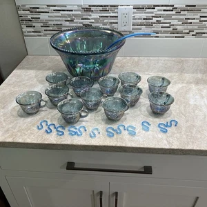 VINTAGE INDIANA GLASS IRIDESCENT BLUE HARVEST CARNIVAL GLASS PUNCH BOWL SET - Picture 1 of 19
