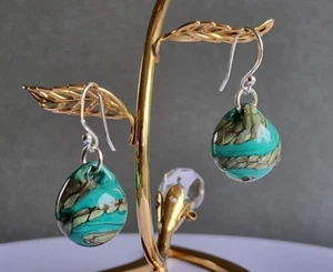 Earrings Big Bubble Green & Brown Murano Glass Handmade 925 Sterling Silver - Picture 1 of 6