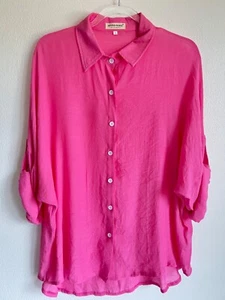 Anna-Kaci Roll Tab Sleeves Semi Sheer Button Down Pink Top Blouse Size Large - Picture 1 of 9