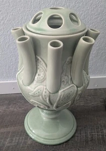 Global Views Ceramic Tulip Flower Vase Crackle Finish Jade Green Flower Frog 14" - Picture 1 of 17