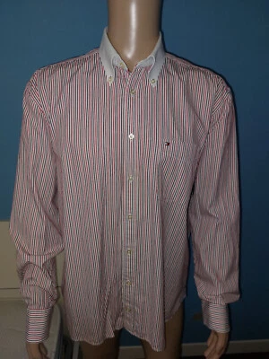 CAMICIA UOMO MANICA LUNGA TOMMY HILFIGER A RIGHE ROSSONERE TAGLIA XL 100% COTONE - Immagine 1 di 4