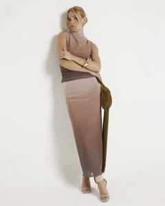 River Island Womens Midi Skirt Brown Mesh Ombre Ruched Elasticated Waist Bottoms - Picture 1 of 9