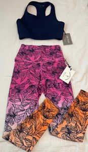 Neu elektrisch & rosa Sonnenuntergang Leggings und Sport Top SET Hibiskus Druck - Bild 1 von 10