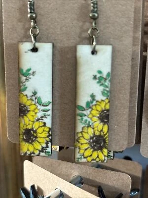 BOHO Wooden Style DangleEarrings Beautiful Sunflower With Green Leaves - Image 1 of 2