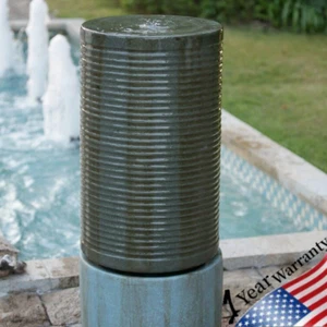 44" Tall Large Round Green Ribbed Tower Water Fountain Verge Bronze Bird Feeder - Picture 1 of 7