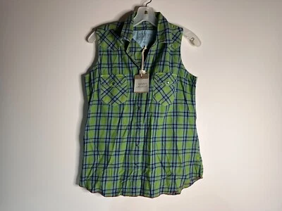 Ryan Michael Lime Green Plaid Sleeveless Button Down Vest Women Size M, New Foto 1 de 4