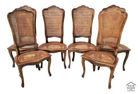 Antique Early 1900's French Provincial Cane Walnut Dining Chairs - Set of 6 Cover