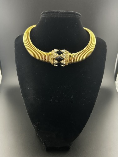 Collana girocollo omega Christian Dior vintage anni 70 cristalli neri oro pendente