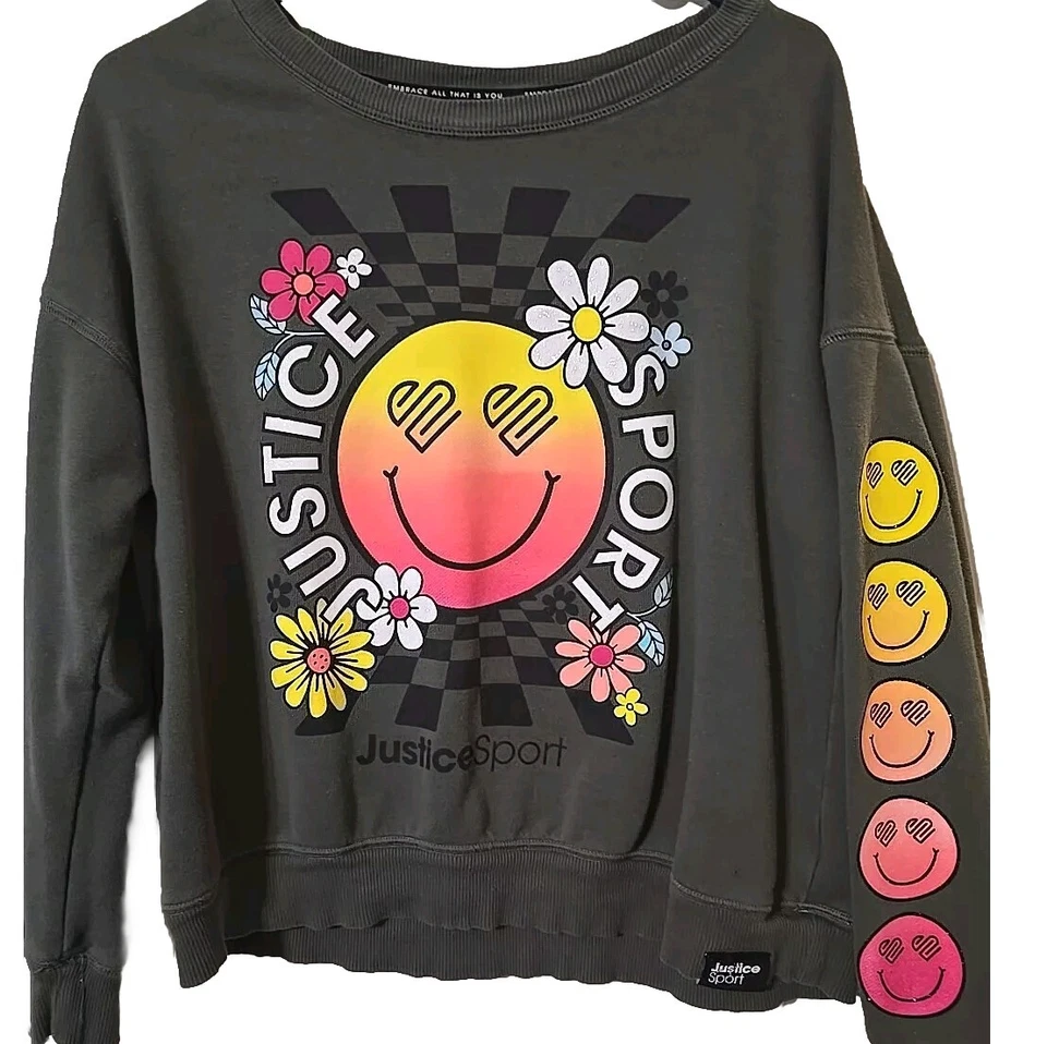 Sudadera Justice Sport Smile Cara Sonriente Grande L Niñas Verde Flores Camisa Foto 1 de 4