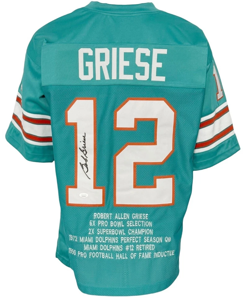 Camiseta deportiva autografiada de Bob Griese de los Miami Dolphins estilo profesional verde azulado JSA auténtica... Foto 1 de 1