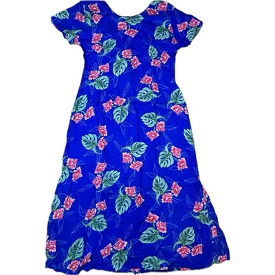 De Colección Vestido Mango Luna Azul Floral Hawaiano Midi Maxi Manga Gorra Rayón Mujer Med Foto 1 de 4