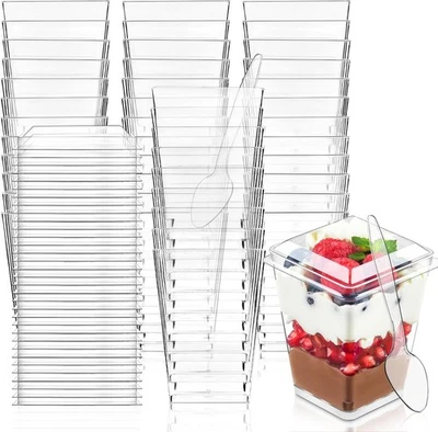 Paquete de 100 postres de plástico Kucoele de 5 oz 100 tazas + 100 cucharas + 100 tapas, transparente  Foto 1 de 4