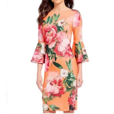 Calvin Klein Floral 3/4 Bell-Sleeve Tropical Multicolor Orange Dress Size 8 - Image 1 of 4