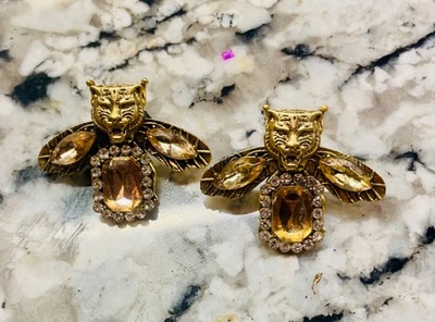 Renovados Únicos Enormes Pendientes Gucci Gato Enojado Cristal Mariposa Cristal Foto 1 de 4