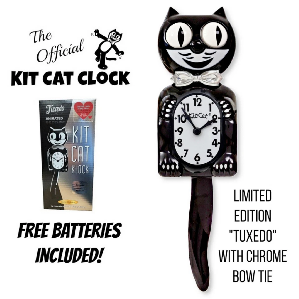 Kit-Cat Tuxedo Clock Limited Edition Anniversary Black with Chrome Bow Tie ...