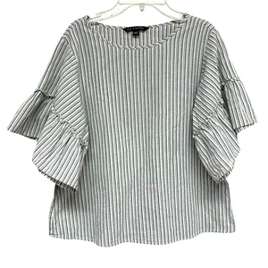 Zac & Rachel Boxy Cotton Blouse Gray White Striped Bell Sleeve S Seersucker Casu - Picture 1 of 9