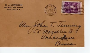 R J LEWINSON, NEW YORK, NY 1938 FDC8123 - Bild 1 von 1