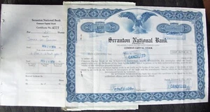 Stock certificate  Scranton National Bank  w/ 4 TRANSFER AGENT letters - Picture 1 of 1