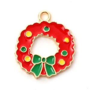 10 Lovely Bright Christmas Wreath Gold Tone Charm Pendants with Enamel Detail - Picture 1 of 1