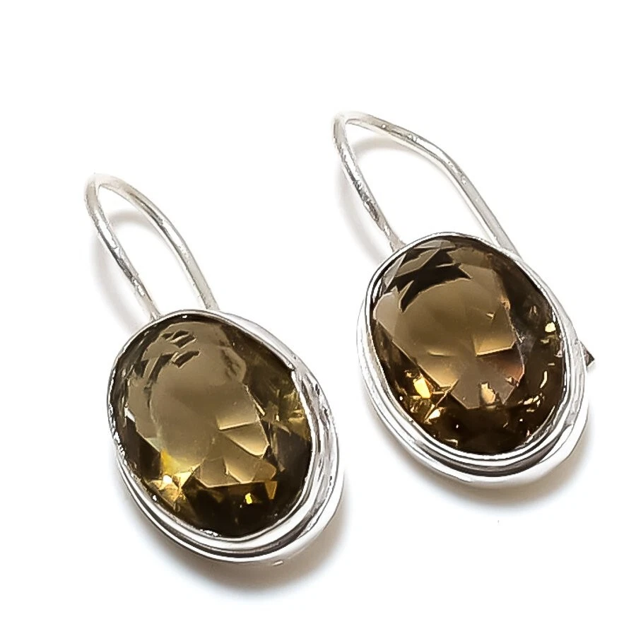 Pendientes de joyería de plata de ley 925 hechos a mano con piedras preciosas de cuarzo ahumado talla 1,20" Foto 1 de 1