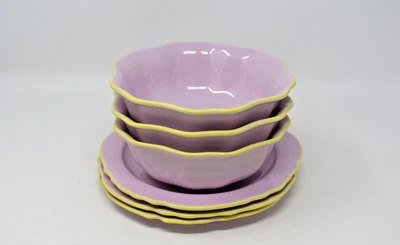 Set of 3 Anthropologie ELTON Scalloped Bowl and Plate Set Pink and Yellow Total - Image 1 of 4